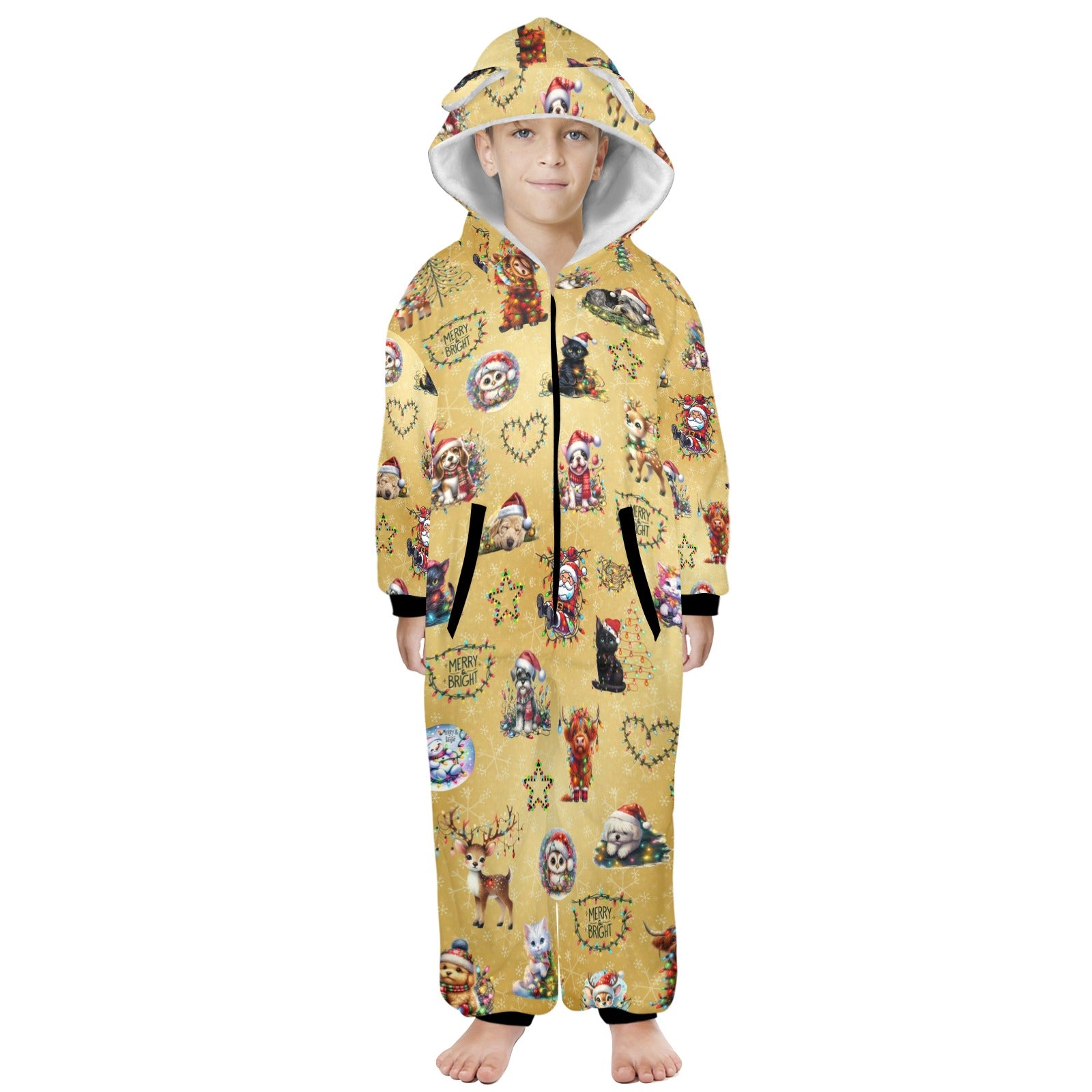 Cute, Fleecy, Zip-Up Onesie PJs For 8-15 Years, With Hood, Ears, Pockets, in a Variety of Christmassy Designs