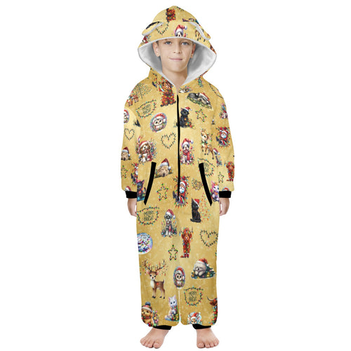 Cute, Fleecy, Zip-Up Onesie PJs For 8-15 Years, With Hood, Ears, Pockets, in a Variety of Christmassy Designs