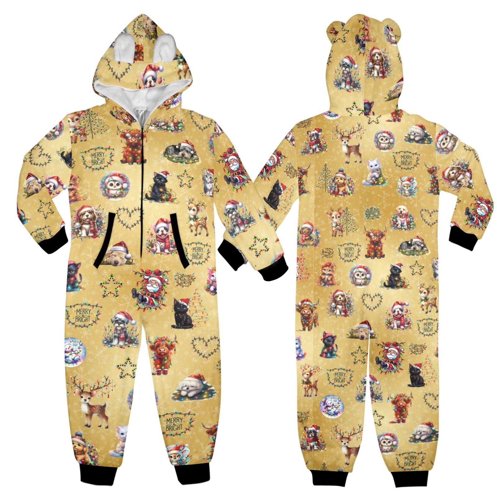 Cute, Fleecy, Zip-Up Onesie PJs For 8-15 Years, With Hood, Ears, Pockets, in a Variety of Christmassy Designs