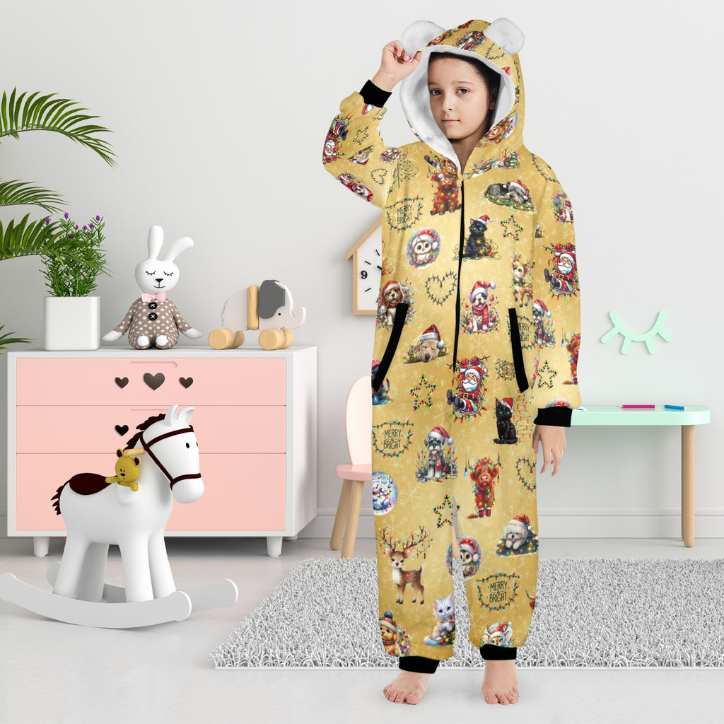 Cute, Fleecy, Zip-Up Onesie PJs For 8-15 Years, With Hood, Ears, Pockets, in a Variety of Christmassy Designs