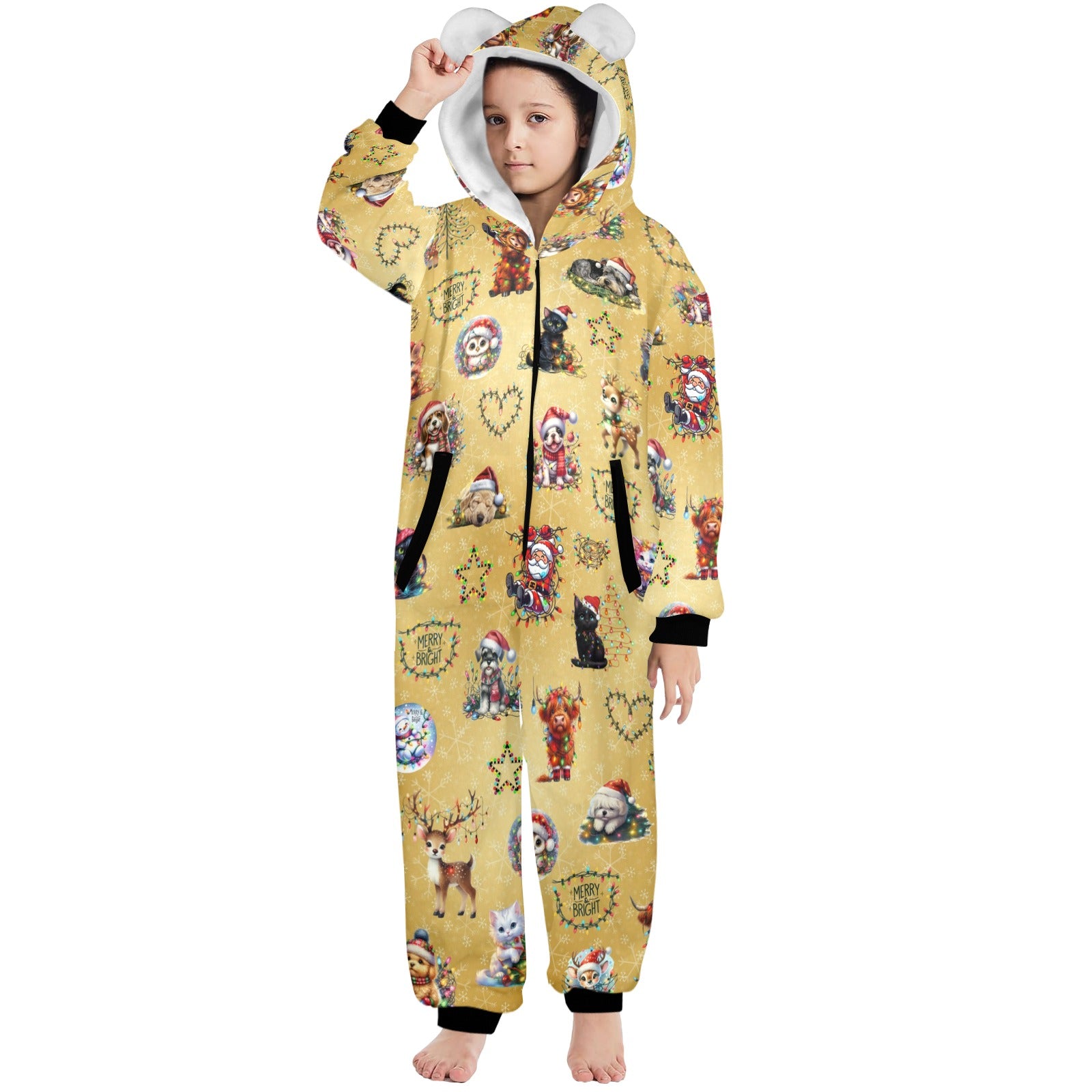 Cute, Fleecy, Zip-Up Onesie PJs For 8-15 Years, With Hood, Ears, Pockets, in a Variety of Christmassy Designs